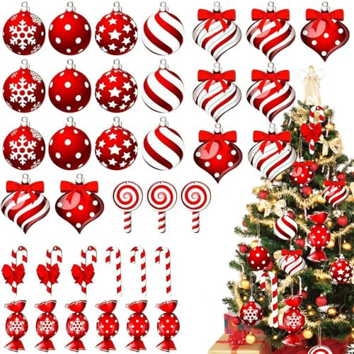 Christmas Decorations, Gloss Candy Canes Balls & Heirloom Wooden Ornaments for Indoor/Outdoor - 36 Pcs