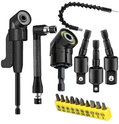 17Pcs Flexible Drill Bit Extension Set with Strong Magnetic Bit Holder, 105° & 360° Right Angle Drill Adapter, Rotatable Screwdriver Bits, for Tight Spaces DIY
