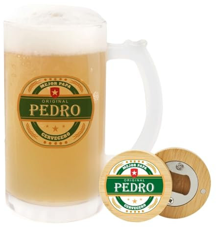 Pack Jarra de cristal personalizada y abridor de madera personalizado. Jarra de cerveza y abridor de madera personalizados. Regalos para padres. Regalos originales para hombres. (Mejor Papa)