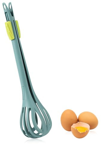 2-in-1 Egg Whisk & Serrated Food Clip, Plastic Egg Beaters Ergonomic Food Tongs Tool, Multifunctional Kitchen Gadget for Cooking, Baking, Mixing Milk, Salad, Cream & Gripping Bread/Pasta (Green)