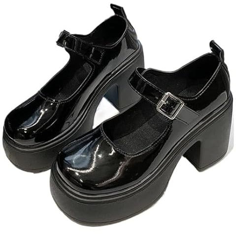 Frauen klobige Plattform Mary Jane Schuhe Retro Schnallenriemen runde Zehen Wohnungen Flacher Mund japanische süße Lolita Prinzessin Schuhe (38,Glänzend Schwarz)
