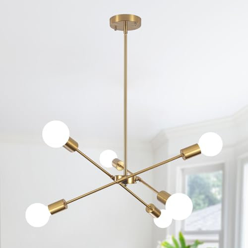 QAREHL Kronleuchter Gold Modern Deckenleuchte, 6 Flammig Sputnik Hängelampe Küche mit E27 Fassung, Pendelleuchte Esstisch für Schlafzimmer, Wohnzimmer, Flur, Höhenverstellbar Hängeleuchte