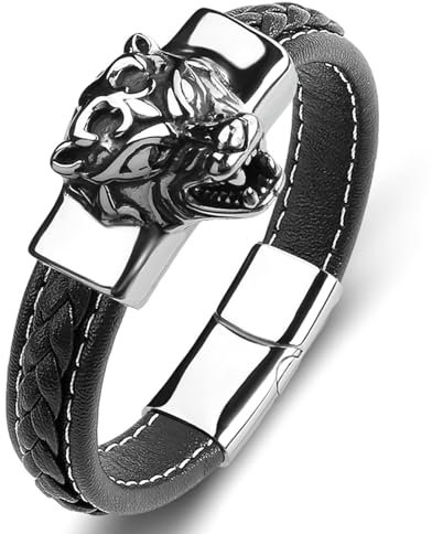Aotiwe Armband Männer Schwarz, Armband Herren Leder 20cm Tigerkopf aus Stahl Geschenk Beste Freundin