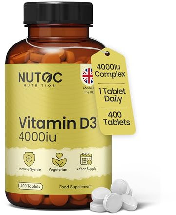 NUTOC Vitamin D3 4000IU Tablets - 400 Micro Tablets, 1+ Year Supply, 6mm Easy Swallow, One A Day, UK Made, Gluten-Free, High Strength - Supports Immune System & Bone Health