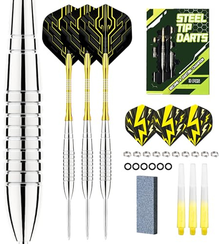 WayArrival 22g​​ Steel Tip Darts Set - 3 Stück Präzisions-Eisenspitzen Darts mit Komplettzubehör | Inkl. Hartschalen-Etui, Ersatz-Flights, Spitzen & O-Ringen (Silber Barrel & Gelben Shafts)