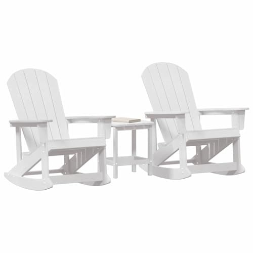 vidaXL Garten Schaukelstuhl Set mit Tisch in Weiß - HDPE, ergonomisches Latten-Design, Bequeme Armlehnen und Rückenlehne. Enthält 2 Stühle, wetterbeständig, Standardgröße 38 x 38 x 46 cm.