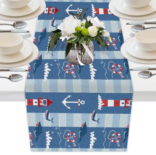 Mexpekil Tischläufer mit Anker, Motiv: Ozeanwal, Leuchtturm, 33 x 178 cm, dekorativer Polyester-Tischläufer für Esstische, Hochzeit, Urlaub, Party