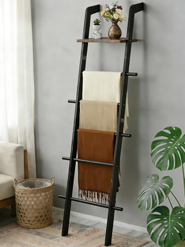 Taozun Black Blanket Ladder with Shelf for Living Room, 67-Inch Wooden 5-Tier Farmhouse Towels and Quilt Rack Decor - Wall Leaning Display Holder for Blankets and Throws