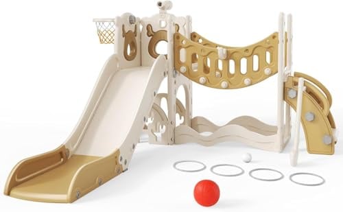 Toboggan pour enfant, grand toboggan avec panier de basket, cadre d'escalade pour le jardin, télescopique, espace de rangement, pour 1 à 3 ans, extra long 1700 mm (version 6 en 1, élan, slide-active