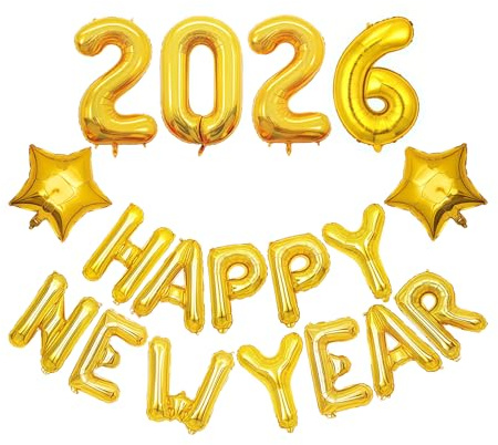 18PCS Silvester Deko 2026,Happy New Year,2026 Ballon,Luftballons Party Deko,Folienballon Decoration,Goldene Neujahrsballons,Silvesterdeko Luftballon,Zahlen Folienballons Jahre Balloons,Gold