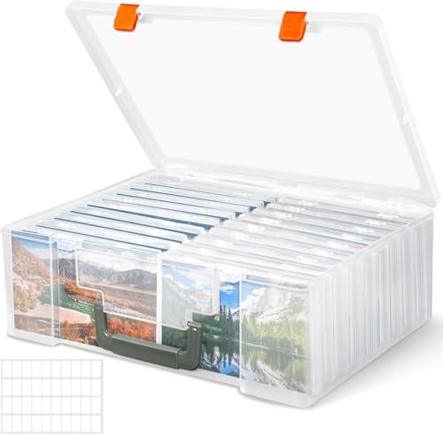 ZPQAODI Fotoaufbewahrungsbox mit 18 innere Fotohalter, 17 x 10 x 2,5 cm Fotoetui, mit Aufklebern, Durchsichtige Fotoboxen zur Aufbewahrung für Saatgut, Karten, Handwerk, Aufkleber, Bürobedarf