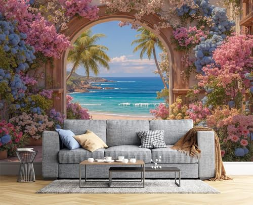 MIATCENRT Papier Peint Muraux Arche Fleurs Paysage Marin, 308x220cm (L×H) Papier Peint Panoramique, Tableaux Muraux Rose-brun Tapisserie Photo, Mural pour Salon, Chambre, Fond Décor TV