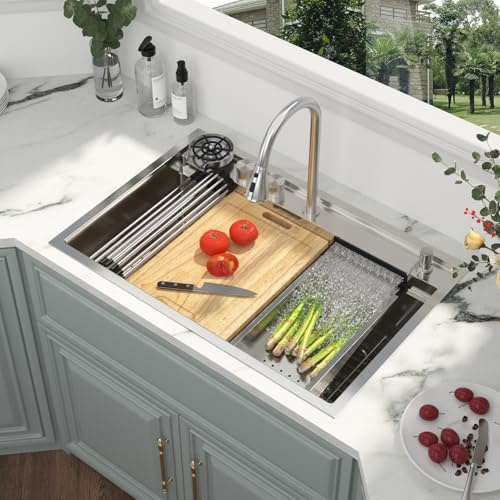 Kichae Drop In Küchenspüle Wasserfall – 33 x 22 cm Tropfspüle Edelstahl 16 Gauge Luxus Ledge Workstation Tiefe Einzelbecken Topmount Überbau Waschbecken Spritzschutz Design Handgefertigtes Waschbecken