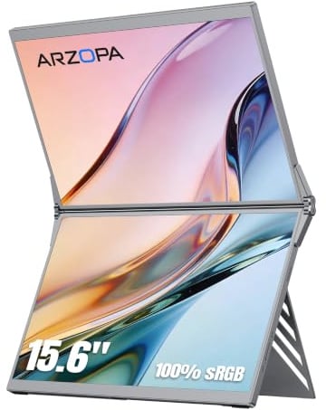 ARZOPA Monitor Portatile Doppio Schermo 15,6'' - FHD 1080P IPS 100% sRGB con Luce Blu Ridotta, Supporto Regolabile 315°, Plug & Play, Laptop Screen Extender per Mac/Phone/Switch/PS5/Xbox - E1