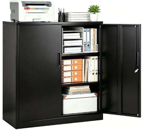 YOUDENOVA Aktenschrank, 90 x 90 x 40 Metallschrank abschließbar mit 2 Türen, Mehrzweckschrank mit 3 Ebenen, verstellbare Ablagen, Werkzeugschrank für Büros, Ateliers und Garagen, Schwarz