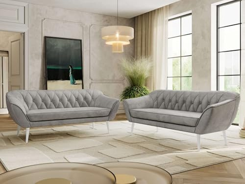 MKS MEBLE Sofagarnitur PIRS 3 + 3 - Couchgarnitur im skandinavischen Design, Gesteppte Polsterung, Wellenfederung, Wohnzimmer Sofa Set - Weiße Beine, Hellgrau Velvet