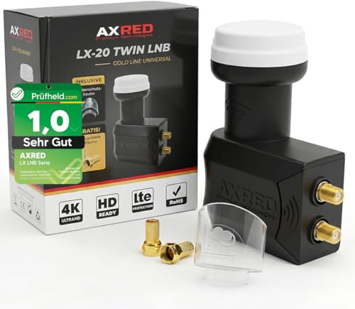 [ Test SEHR GUT, Note 1.0 *] AXRED Twin LNB + Wetterschutzhaube + 2X F-Stecker, Digital 2Fach 4K HD LMB für 2 Teilnehmer mit Wetterschutz, für Fernseher Sat Receiver Satellitenschüssel, LNC