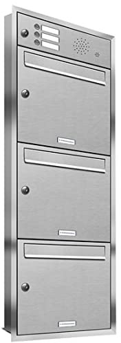 AL Briefkastensysteme, 3er Unterputzbriefkasten, Briefkasten mit Klingel, 3 Fach, Briefkastenanlage modern, rostfrei Edelstahl Postkasten