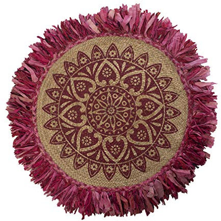 DRW Tappeto rotondo con frange di cotone, juta in naturale e fucsia