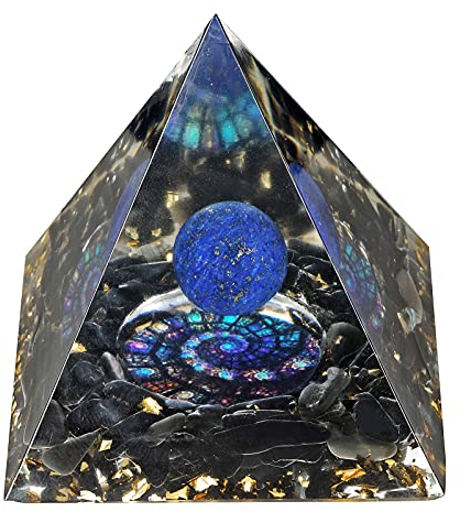 KYEYGWO Positive Energie Pyramiden Stein mit Reiki Heilung Lapislazuli Kristall Kugel und Ammonit Fossilen Symbol, Chakra Kristallpyramide Obsidian Heilstein Pyramide Desktop Ornament Haus Dekoration