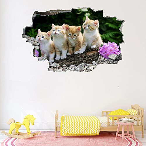 Katze Wandsticker 3D Durchbruch Tier Wandtattoo kinderzimmer Deko Blume Wand Aufkleber Selbstklebend Wanddurchbruch Wandsticker Wandbild für Junge Mädchen Teenager Zimmer Wohnzimmer Schlafzimmer