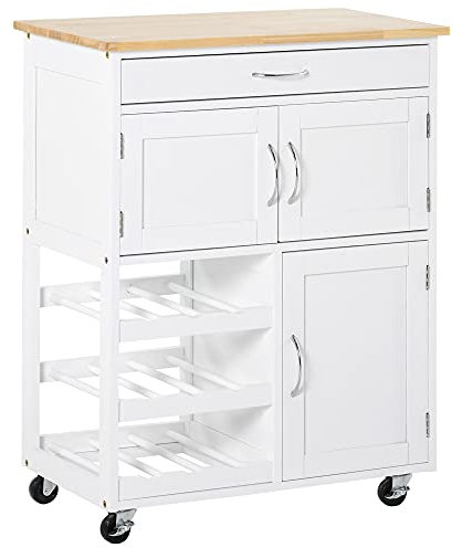 HOMCOM Carro de Cocina Carrito Auxiliar con Ruedas Cajón 2 Armarios de Almacenaje y 3 Estantes Abiertos de 9 Botellas para Comedor Restaurante 67x37x87 cm Blanco
