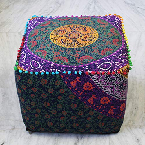 CRAFT KALA Quadratisches Mandala-Boho-Ottoman-Kissen, Meditation, Indien, Sitzhocker für Wohnzimmer, Heimdekoration, Schlafzimmer, Balkon, Garten, Bodenkissenbezug (55.9x55.6x35.6 cm, mehrere Farben)
