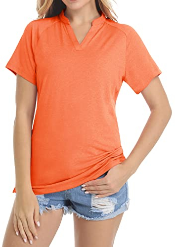 KEFITEVD UV Tshirts Damen Sport Regular Fit Polo Shirt Frauen Leicht Lässige Basic Poloshirt Kurzarm Yoga Golf Bluse Schnell Trocknend Polohemd Tennis Gym Laufshirt Atmungsaktiv Orange Meliert L