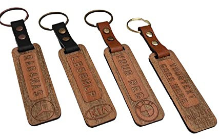 Personalised Key Chain Custom Keyrings Wooden Keychain Personalised Gift Engraved Keyring Your Car Number Plate or Your Text and Logo (Black Leather, Antique Copper)