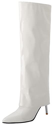CHICMARK Moda Slip-on gambo corto/polpaccio medio pantaloni stivali con tacchi a spillo e punta a punta per donna, Bianco 1, 46 EU
