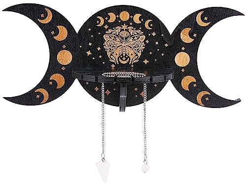 CREATCABIN Kristall-Regal Schwebende Holzregale Rustikaler Mondphasen-Kristallhalter Ständer Mit Pendelkette Zum Aufhängen Hexenartikel Für Spirituelle Dekoration Geschenk Schwarz 11x25cm