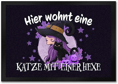 Hexerei Fußmatte in 35x50 cm mit Spruch - Hier wohnt eine Katze und Hexe Zauberhafter Türvorleger für Katzenliebhaber und Junge Frauen zur Einweihungsparty oder