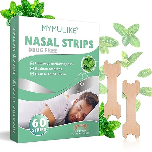 MYMYLIKE 60 Stück Nasenpflaster Schnarchen Pfefferminzgeschmack, Nasenpflaster Besser Atmen für Schlaf, Nasenstrips Entlasten Verstopfte Nase, Anti Schnarch Nasenpflaster für Sport (66 x 19mm)