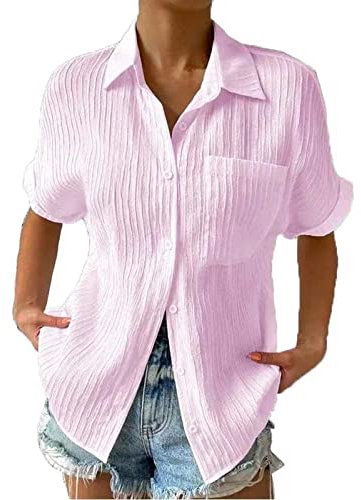 Musselin Oberteile Damen Sommer - Bluse Damen Elegant Hemd T Shirt Kurzarm Große Größen Tunika Top Blusenshirt Locker Lässig Knopfleiste mit Brusttasche Hemdbluse Blusen & Tuniken für Frauen