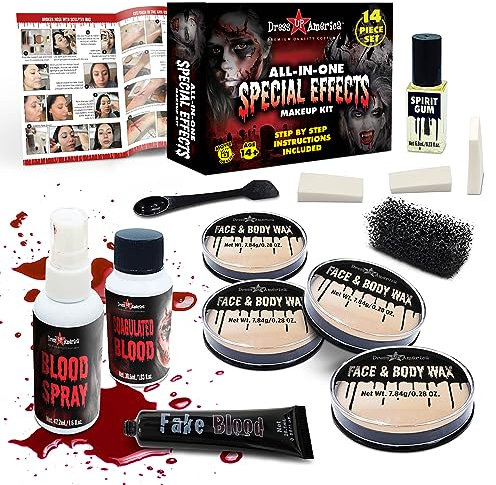 Dress Up America Kit De Maquillage d'Halloween - Cire Pour Le Visage Et Le Corps, Latex Et Faux Sang - Ensemble De Maquillage d'Halloween Réaliste Et Sanglant SFX Pour Adolescents Et Adultes