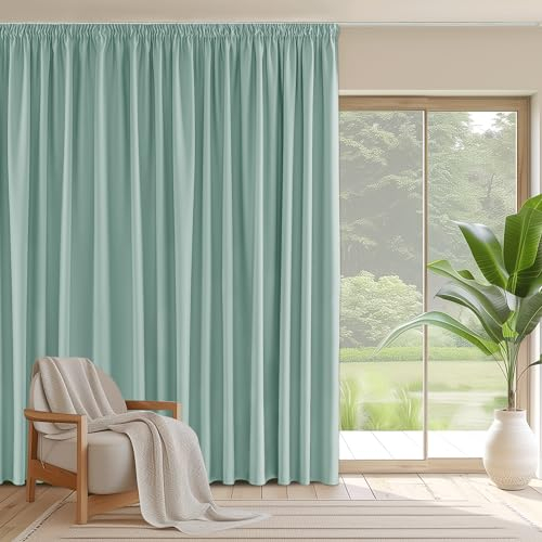 PONY DANCE Extra Breite Vorhänge Wohnzimmer mit Kräuselband 1er Set H 245 x B 300 cm Blickdichte Gardinen mit Röllchen für Schiene Raumteiler Vorhang Thermo Hitzeschutz, Sommergrün