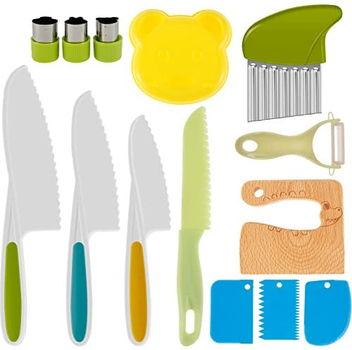 14PCS Toddler Knife for Chopping Kids Safety Knives Kitchen Knife Set Mini Chef Knife Set for Kids,Plastic Children Cooking Knives with Potato Slicer,Serrated Edges Cutters,Cutting Board, Peeler