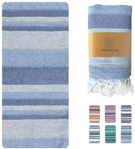 MOMOMUS Picknickdecke XXL für den Strand - Faltbar, Groß und Mit Fransen - Strandmatte/Stranddecke Sandfrei für Picknicks oder Leichte Campingdecke - Blau, 210x240 cm