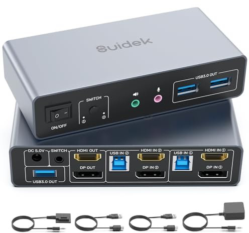 SUIDEK HDMI Displayport KVM Switch, 2 Computadoras 2 Monitores 4K@60Hz KVM Switcher Monitor Dual para 2 PC, 3 Puertos USB 3.0 Soporta Modo Extendido/Espejo con Controlador de Escritorio y 2 Cables USB