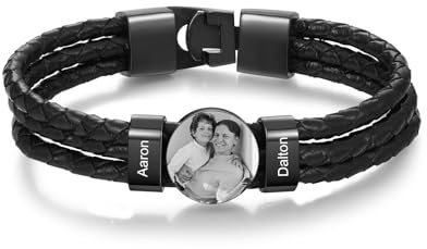 Jeweidea Lederarmband Herren mit Foto Personalisiertes Armband mit Namen Graviert Edelstahl Perlenarmband Herren Geschenke für Männer Papa Geschenk Vatertag Weihnachten