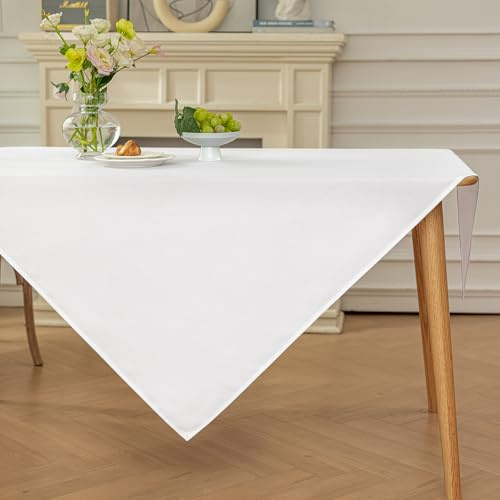 Moonooda Tischdecke Weiß Waschbar, 100X100cm Tischdecken Tischtuch aus Polyester, Leicht wasserabweisend mit Lotuseffekt, Dauerhaft Kratzfest für Haus, Hochzeiten, Party