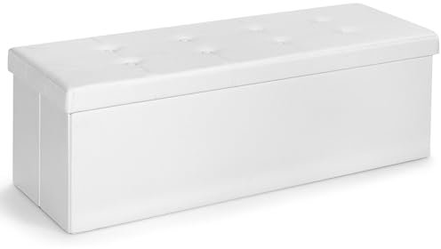 COSTWAY Folding Storage Ottoman, Faux Leather Footstool Bench Toy Box Chest with Lid, Home Living Room Bedroom Hallway Space Saving Bed End Stool, 300kg Weight Capacity (White, 114 x 38 x 38cm)