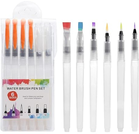 Nurila 6 Stück Aquarellstifte, Wassertankpinsel (6 Arten von Stiftspitzen), Wasserstift, Wassermalstifte Befüllbar, Watercolor Brush für Malen, Kolorieren, Geeignet für Anfänger und Maler
