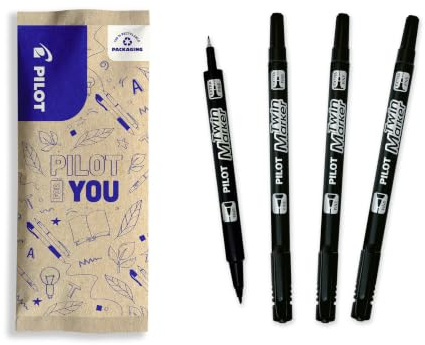 PILOT - Lot de 4 Twin Marker - Marqueur Permanent 2 en 1 - Tracé Ultra Précis Multi Surfaces - En Plastique Recyclé - Noir - Double Pointe Fine et Extra-Fine