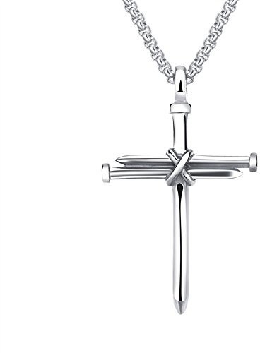 HIJONES Herren Edelstahl Nagel Kreuz Charm Anhänger Halskette Kette 22 Zoll, Poliersilber