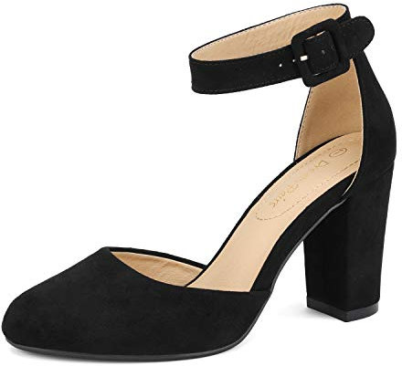 DREAM PAIRS Womens High Heels Closed Toe Court Shoes Block Ankle Strap Ladies Sandals for Wedding,Size 8,Black/Suede,Angela