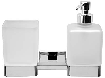 Inda A1810DCR21 Lea Supporto Doppio a Parete con Bicchiere e Spandisapone in Vetro Satinato, Erogatore in Ottone Cromato, Cromo, 11 x 20 x 16 cm