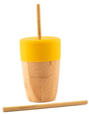 eco rascals Bamboo Cup with Reusable Straw and Silicone Lid - Transition Cup for Babies & Kids, BFA Free Training Cup, Perfect for Smoothies, Juice & Milk (Big Cup Yellow)