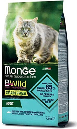 Monge BWild Trockenfutter für Katzen (Katzenfutter trocken getreidefrei, Katzenfutter trocken mit Kabeljau, sehr Ballaststoff- & Vitaminreich, hochwertiges Katzen Trockenfutter, 1,5 kg)