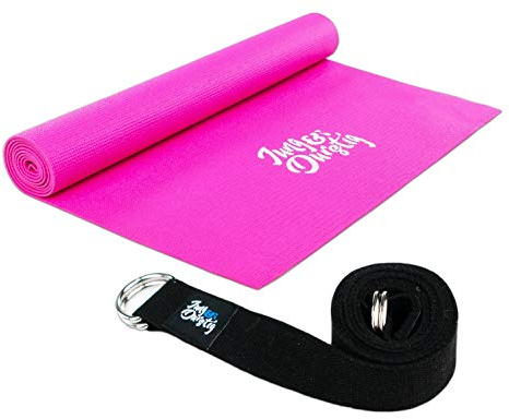Jung & Durstig 2in1 Yogamatte gepolstert & rutschfest | Gymnastikmatte mit Yogastrap | Fitnessmatte inklusive Ebook Workout | Sportmatte Maße 173 x 61 cm | Pink